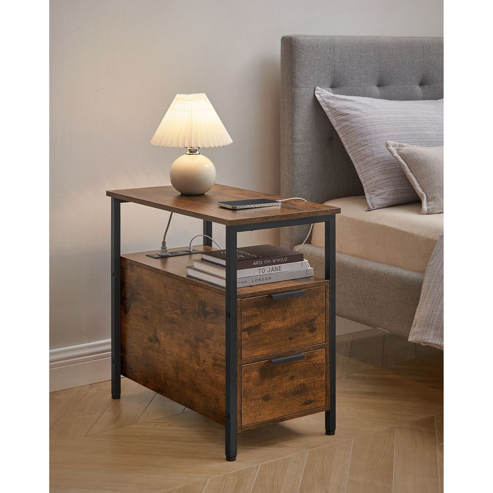 Narrow End Table With Charging Station | Two Drawers And Open Shelf
