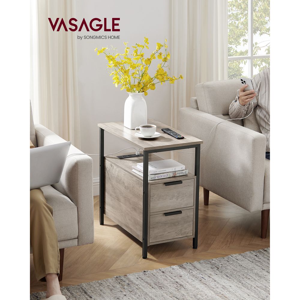 Narrow End Table With Charging Station | Two Drawers And Open Shelf