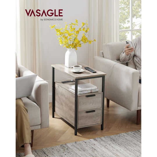 Narrow End Table With Charging Station | Two Drawers And Open Shelf