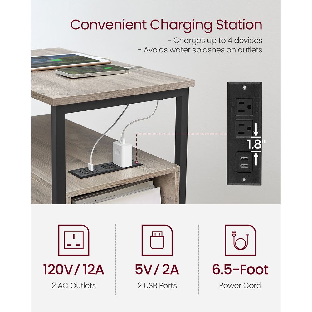 Narrow End Table With Charging Station | Two Drawers And Open Shelf