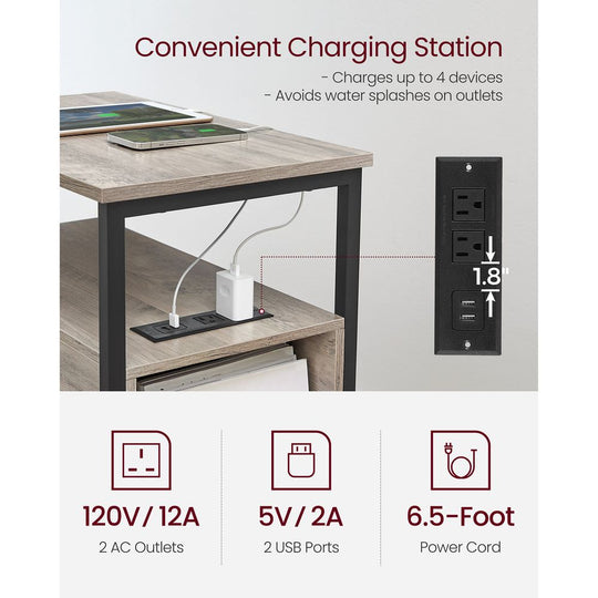 Narrow End Table With Charging Station | Two Drawers And Open Shelf