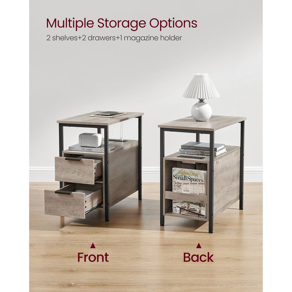 Narrow End Table With Charging Station | Two Drawers And Open Shelf