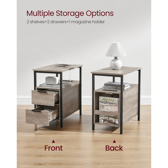 Narrow End Table With Charging Station | Two Drawers And Open Shelf