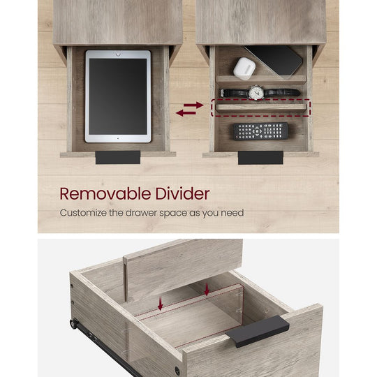 Narrow End Table With Charging Station | Two Drawers And Open Shelf