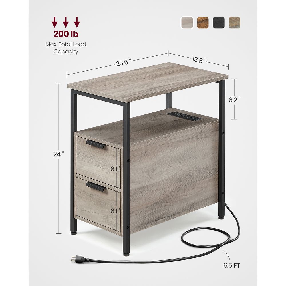 Narrow End Table With Charging Station | Two Drawers And Open Shelf
