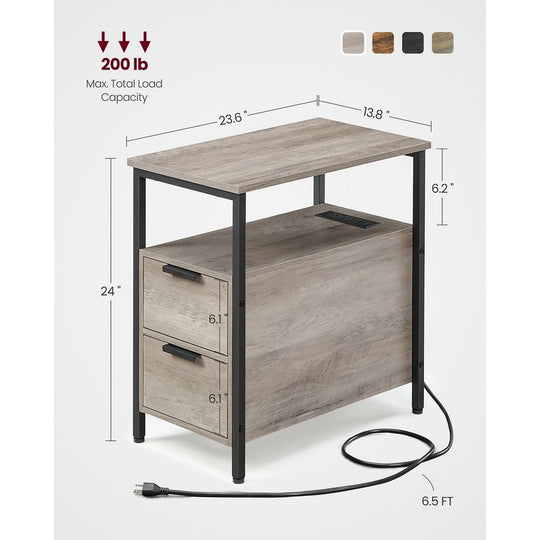 Narrow End Table With Charging Station | Two Drawers And Open Shelf