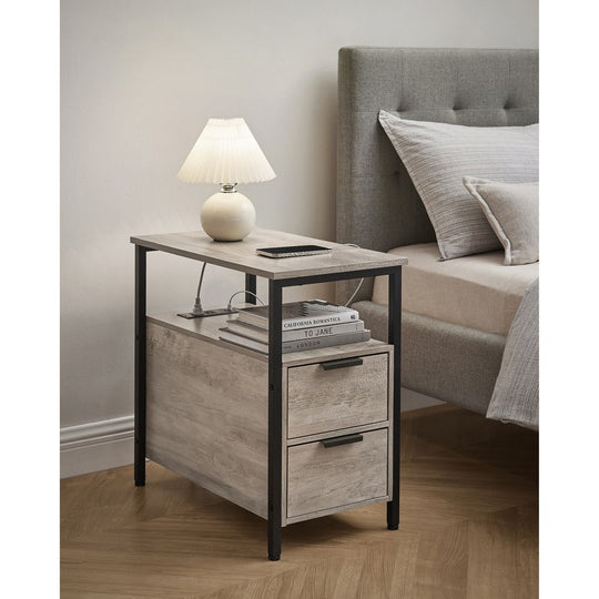 Narrow End Table With Charging Station | Two Drawers And Open Shelf