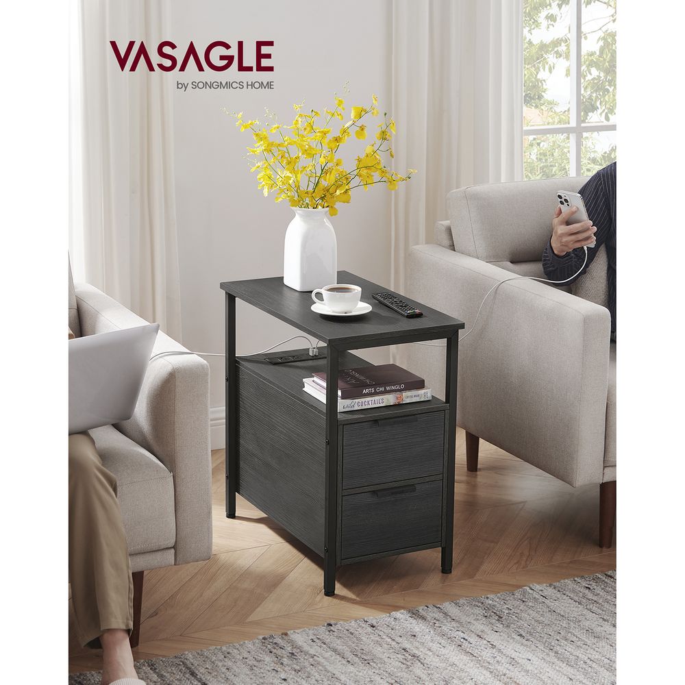 Narrow End Table With Charging Station | Two Drawers And Open Shelf