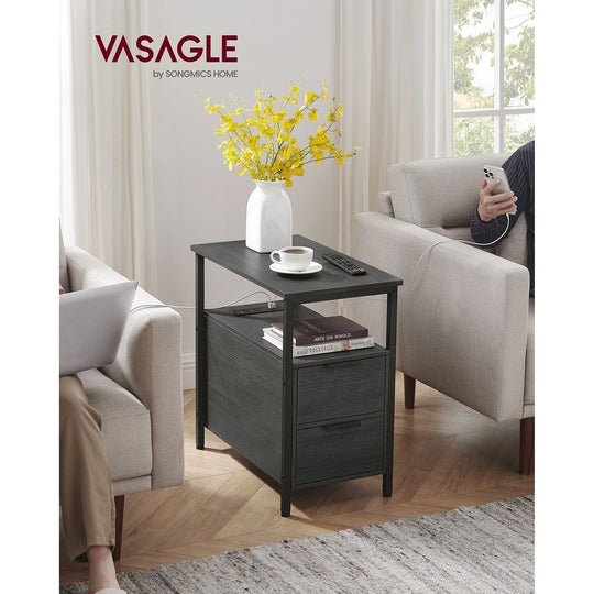 Narrow End Table With Charging Station | Two Drawers And Open Shelf