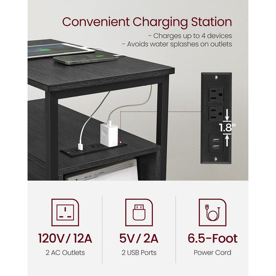 Narrow End Table With Charging Station | Two Drawers And Open Shelf