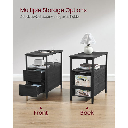 Narrow End Table With Charging Station | Two Drawers And Open Shelf