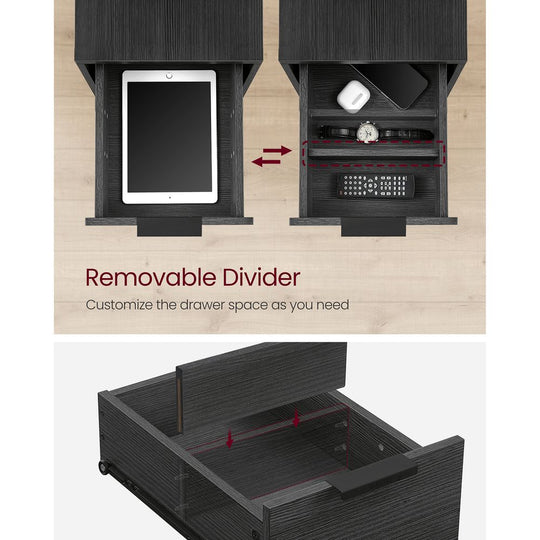 Narrow End Table With Charging Station | Two Drawers And Open Shelf