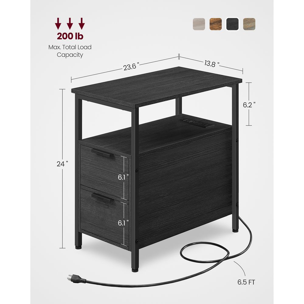 Narrow End Table With Charging Station | Two Drawers And Open Shelf