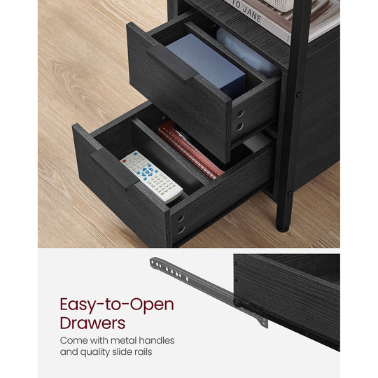 Narrow End Table With Charging Station | Two Drawers And Open Shelf