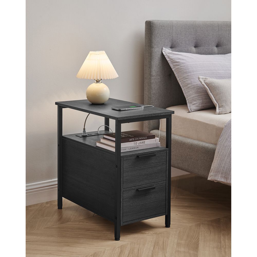 Narrow End Table With Charging Station | Two Drawers And Open Shelf