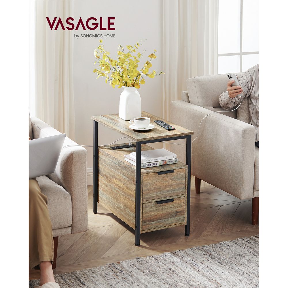 Narrow End Table With Charging Station | Two Drawers And Open Shelf