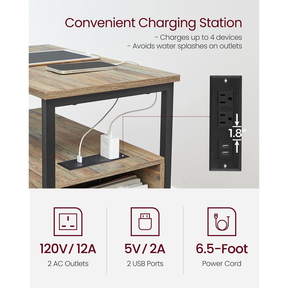 Narrow End Table With Charging Station | Two Drawers And Open Shelf
