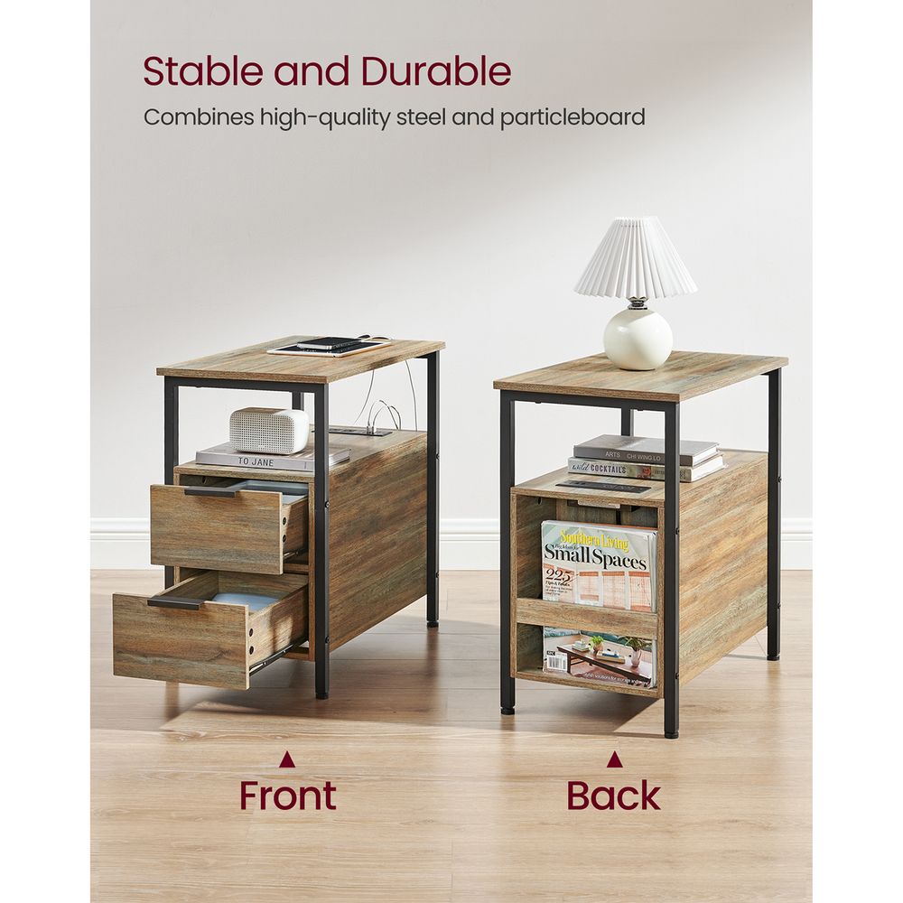 Narrow End Table With Charging Station | Two Drawers And Open Shelf