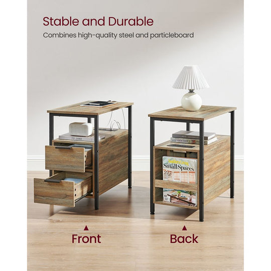 Narrow End Table With Charging Station | Two Drawers And Open Shelf