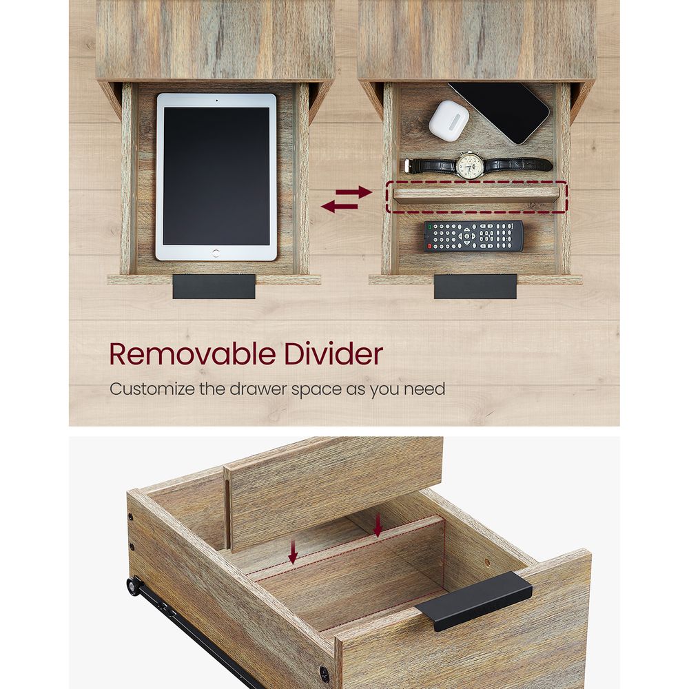 Narrow End Table With Charging Station | Two Drawers And Open Shelf
