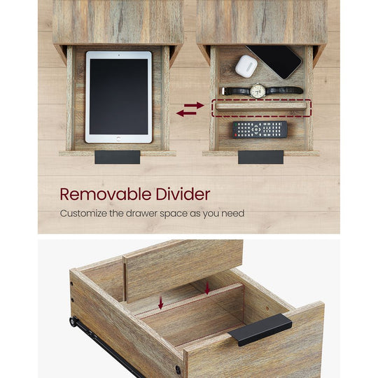 Narrow End Table With Charging Station | Two Drawers And Open Shelf