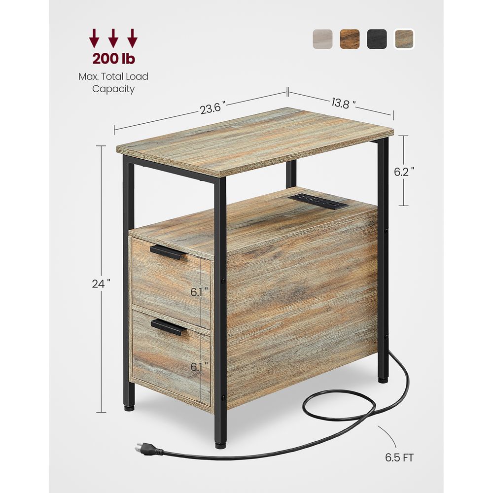 Narrow End Table With Charging Station | Two Drawers And Open Shelf