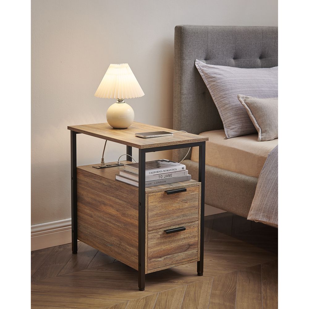 Narrow End Table With Charging Station | Two Drawers And Open Shelf