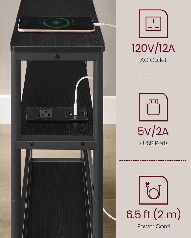Narrow Side Table | 3-Tier Design With Charging Station