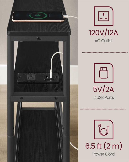 Narrow Side Table | 3-Tier Design With Charging Station