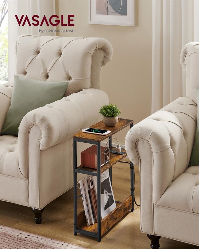 Narrow Side Table | 3-Tier Design With Charging Station