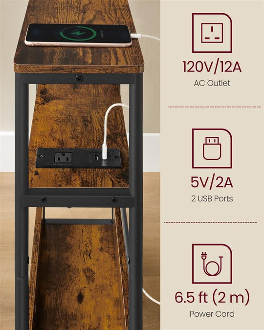 Narrow Side Table | 3-Tier Design With Charging Station