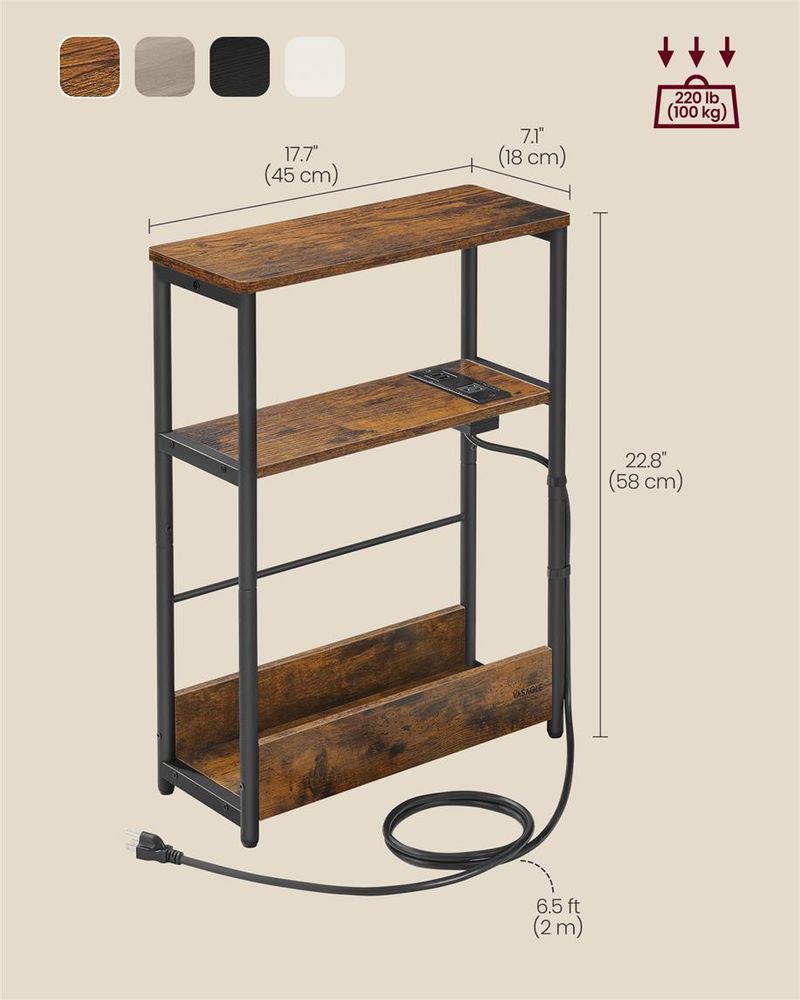Narrow Side Table | 3-Tier Design With Charging Station