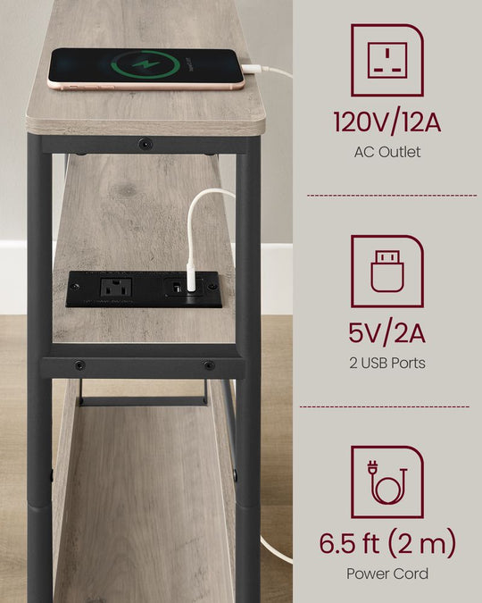 Narrow Side Table | 3-Tier Design With Charging Station