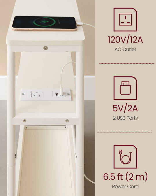Narrow Side Table | 3-Tier Design With Charging Station