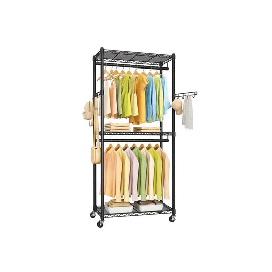 Heavy Duty Rolling Clothes Rack | Double Rails With Wire Shelves