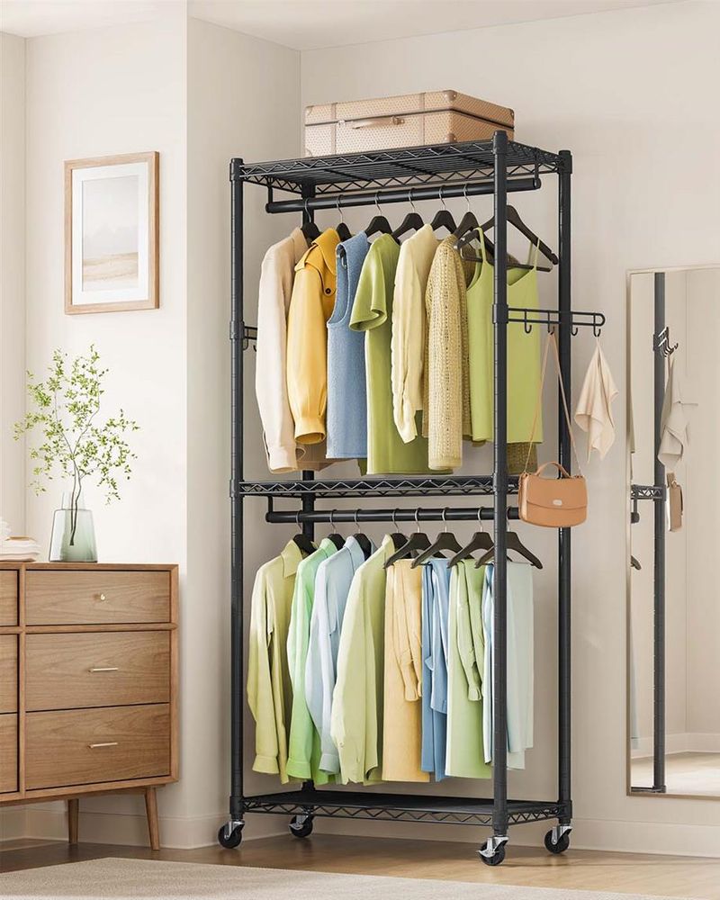 Heavy Duty Rolling Clothes Rack | Double Rails With Wire Shelves