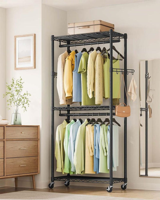 Heavy Duty Rolling Clothes Rack | Double Rails With Wire Shelves