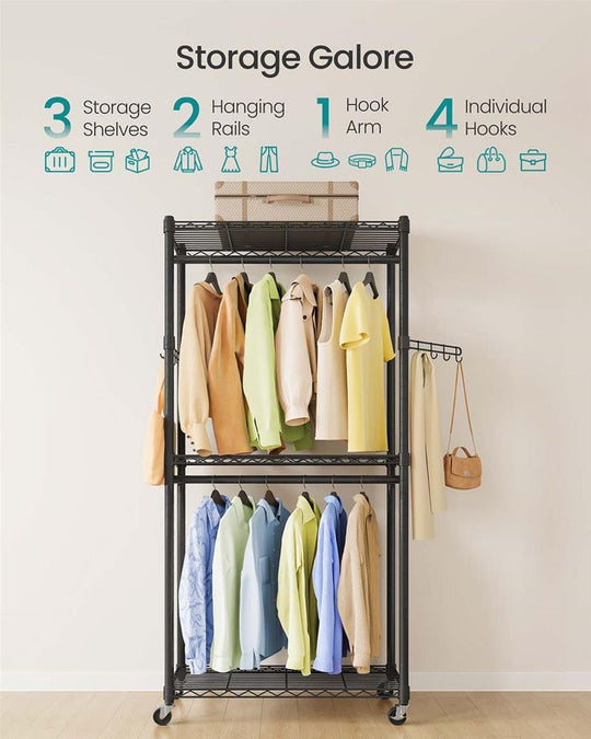 Heavy Duty Rolling Clothes Rack | Double Rails With Wire Shelves