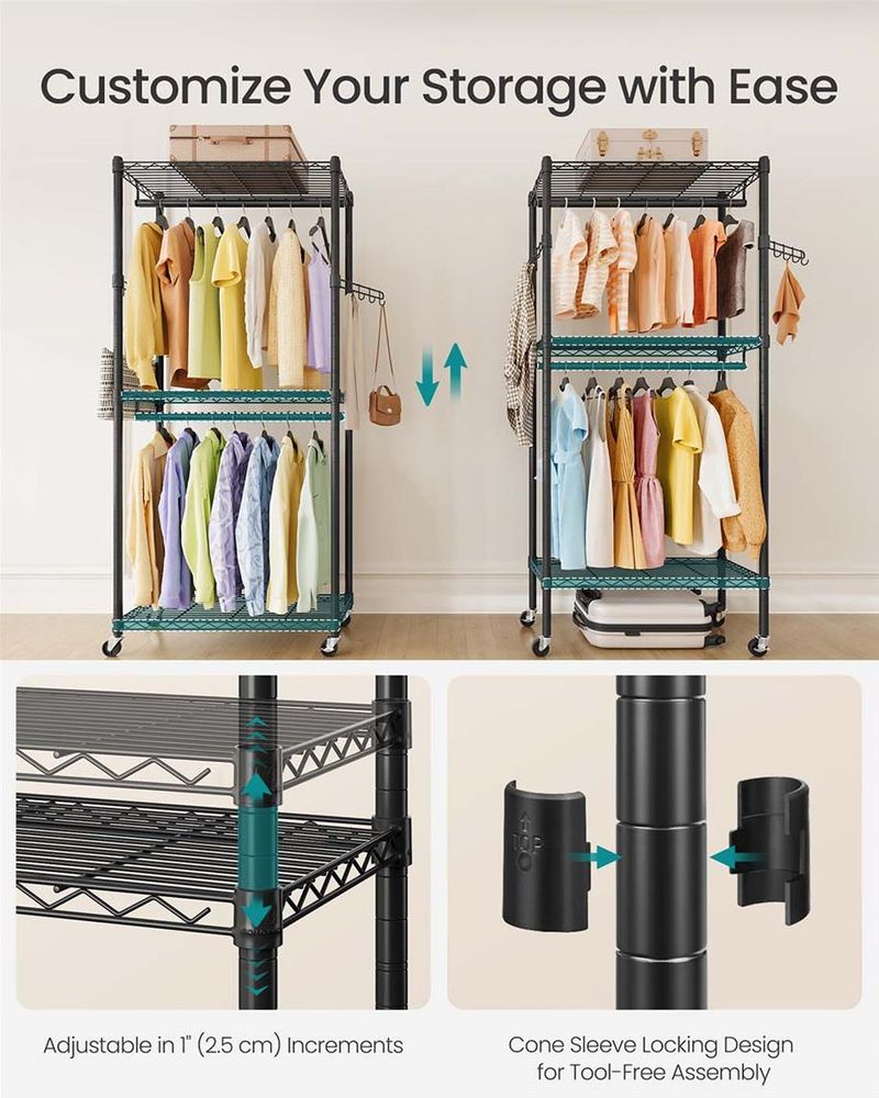 Heavy Duty Rolling Clothes Rack | Double Rails With Wire Shelves