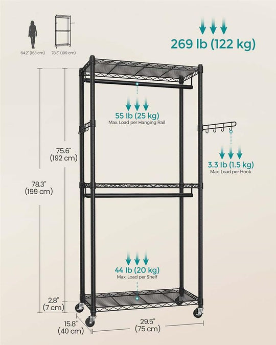 Heavy Duty Rolling Clothes Rack | Double Rails With Wire Shelves