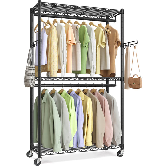 Heavy Duty Rolling Clothes Rack | Double Rails With Wire Shelves
