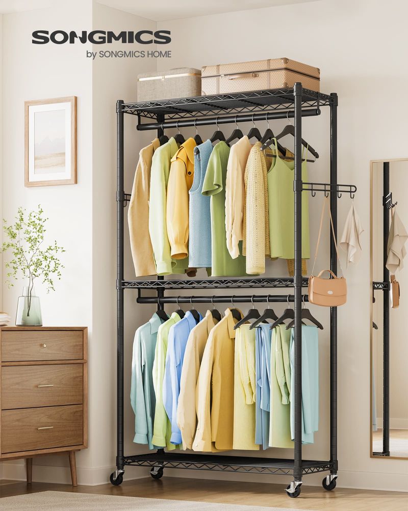 Heavy Duty Rolling Clothes Rack | Double Rails With Wire Shelves