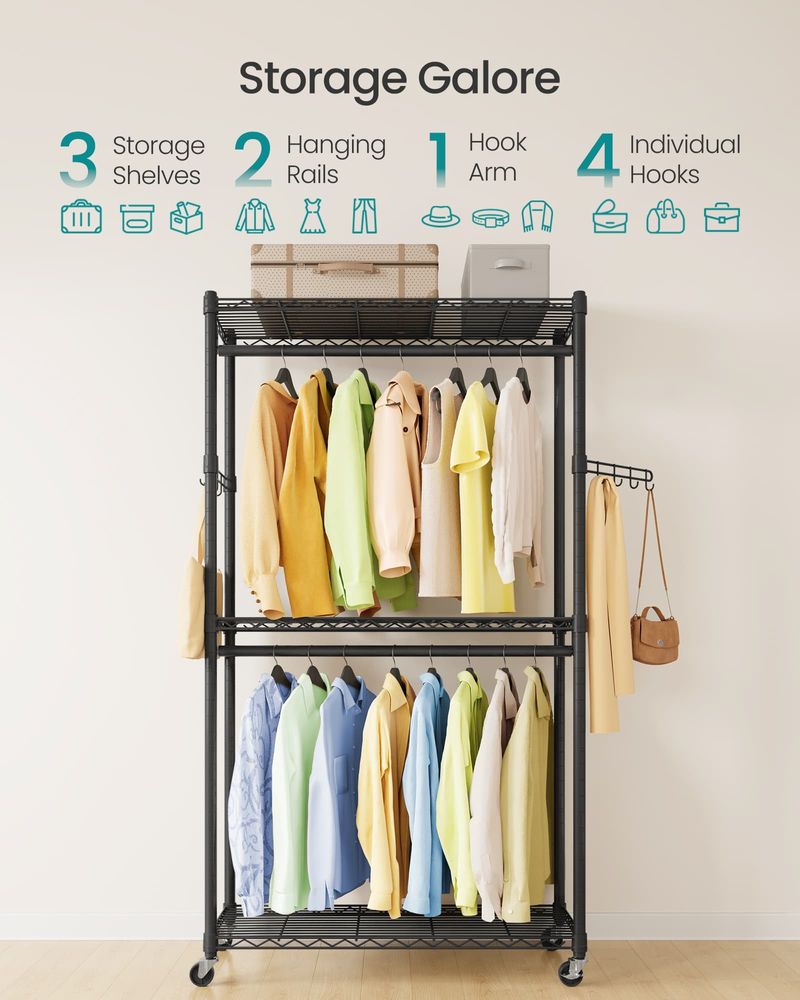 Heavy Duty Rolling Clothes Rack | Double Rails With Wire Shelves