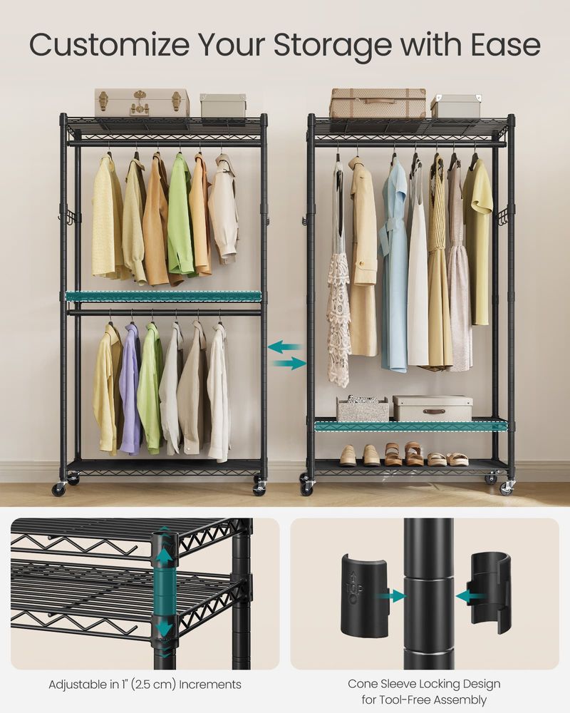 Heavy Duty Rolling Clothes Rack | Double Rails With Wire Shelves