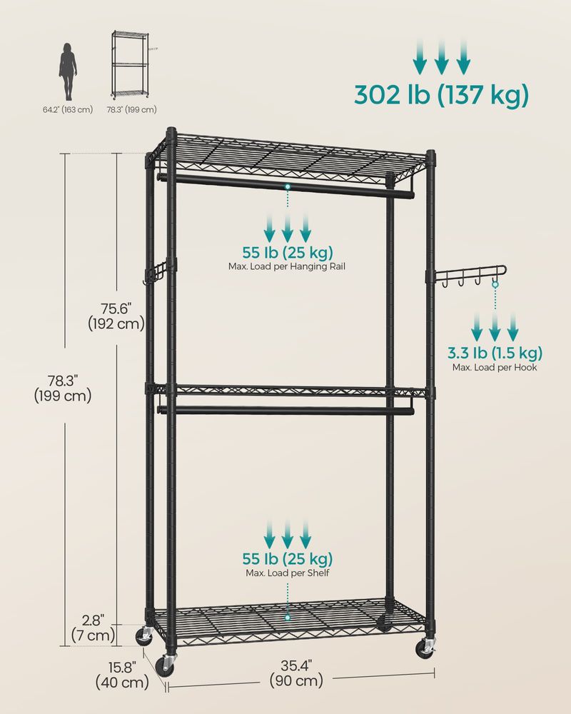 Heavy Duty Rolling Clothes Rack | Double Rails With Wire Shelves
