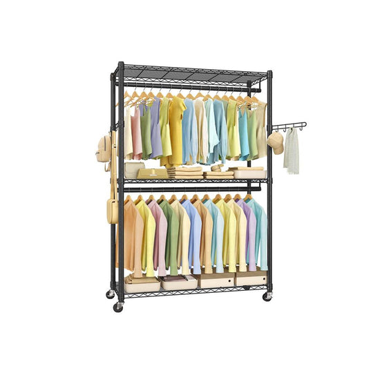 Heavy Duty Rolling Clothes Rack | Double Rails With Wire Shelves