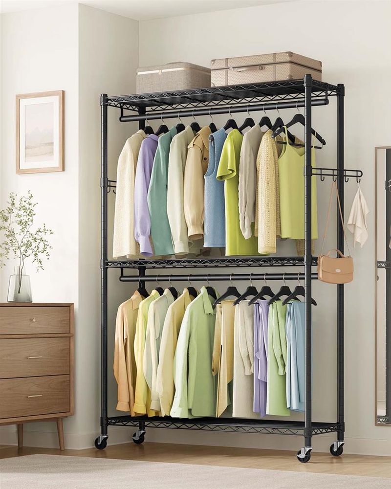 Heavy Duty Rolling Clothes Rack | Double Rails With Wire Shelves
