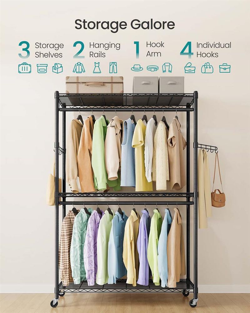 Heavy Duty Rolling Clothes Rack | Double Rails With Wire Shelves
