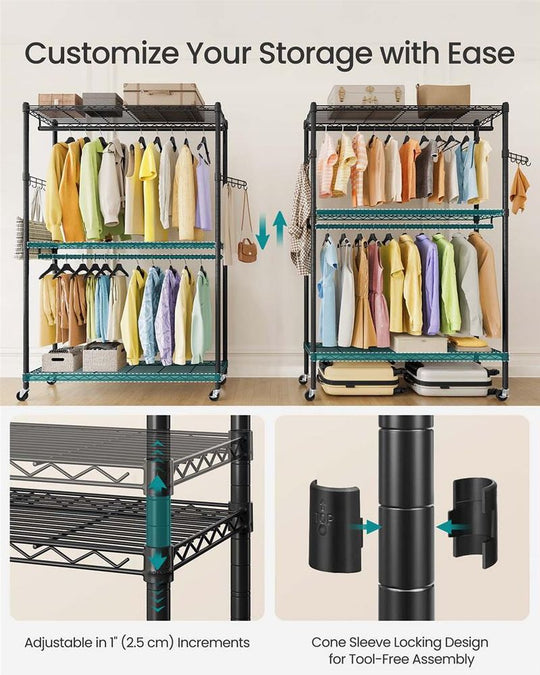 Heavy Duty Rolling Clothes Rack | Double Rails With Wire Shelves