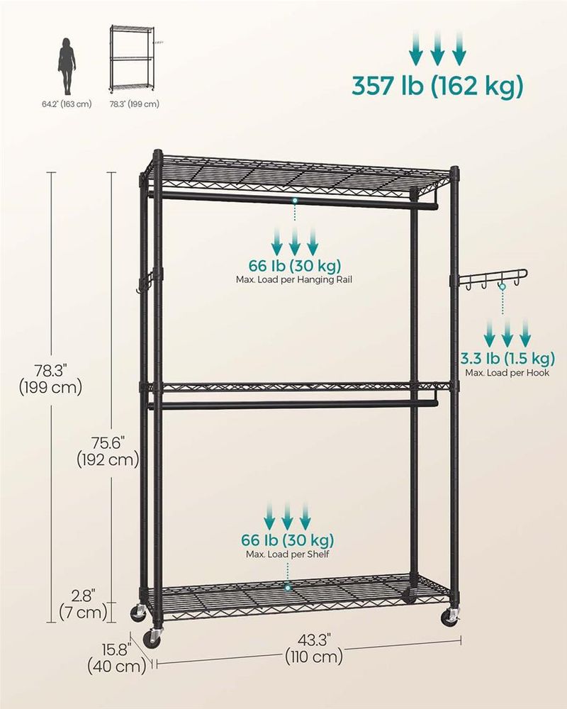 Heavy Duty Rolling Clothes Rack | Double Rails With Wire Shelves